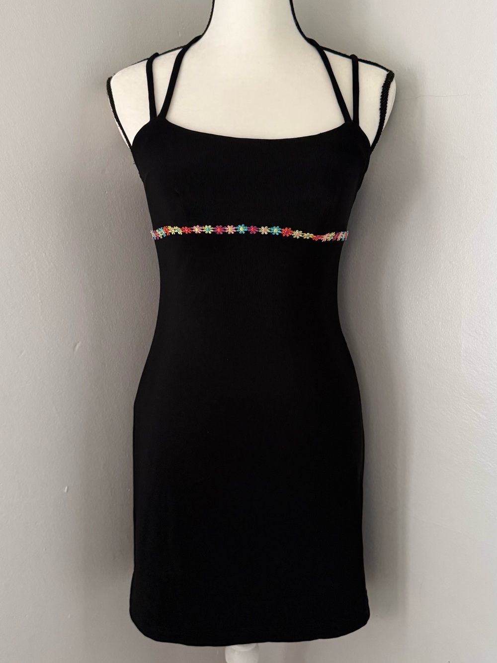 City Triangles Vintage Y2K Slinky Black Mini Dress Floral Detail Small